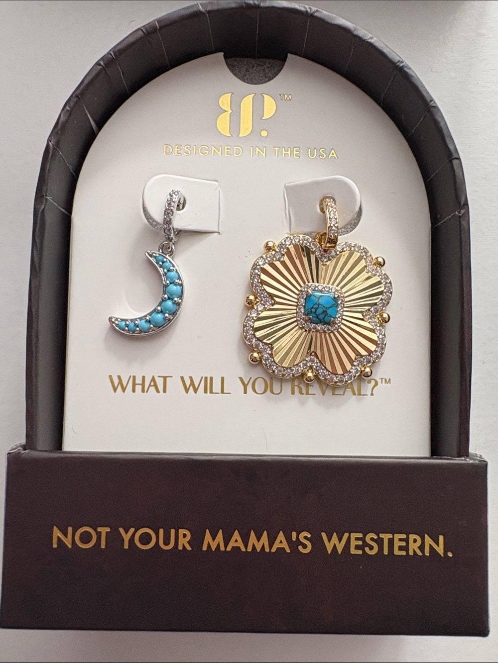 Gold Flower & Turquoise Moon Charm Necklace Set